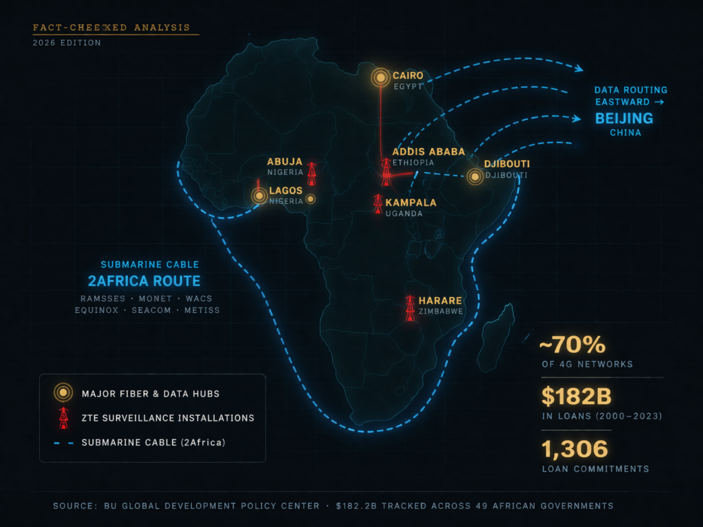 A dark editorial map of Africa showing Chinese digital infrastructure networks — fiber optic routes, submarine cables, and surveillance tower locations — overlaid with data points indicating Huawei's dominance of 4G networks, $182 billion in Chinese loans to African governments between 2000 and 2023, and 1,306 loan commitments tracked by Boston University's Global Development Policy Center.