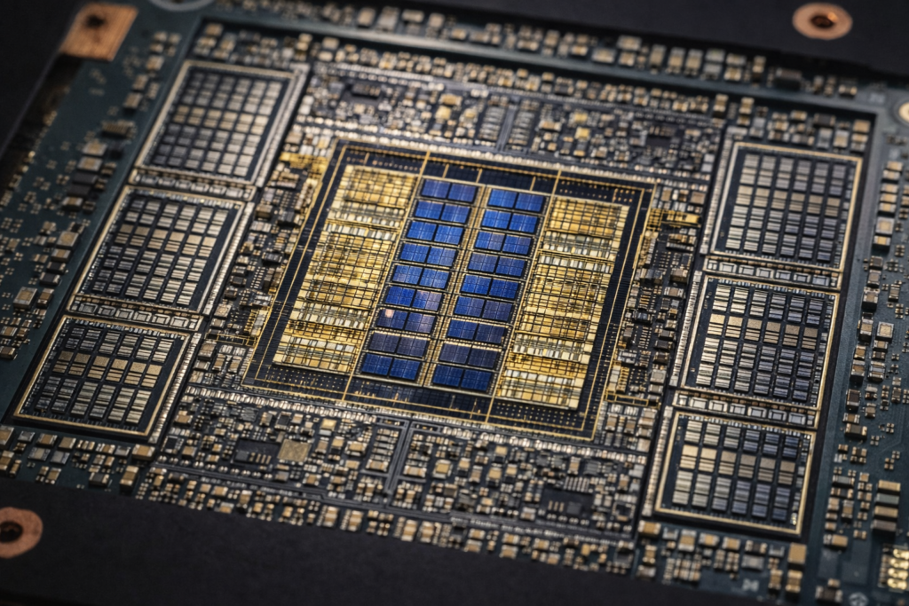 Close-up of Nvidia Blackwell GPU die showing transistor interconnects made from tungsten, cobalt, and rare earth precursor materials