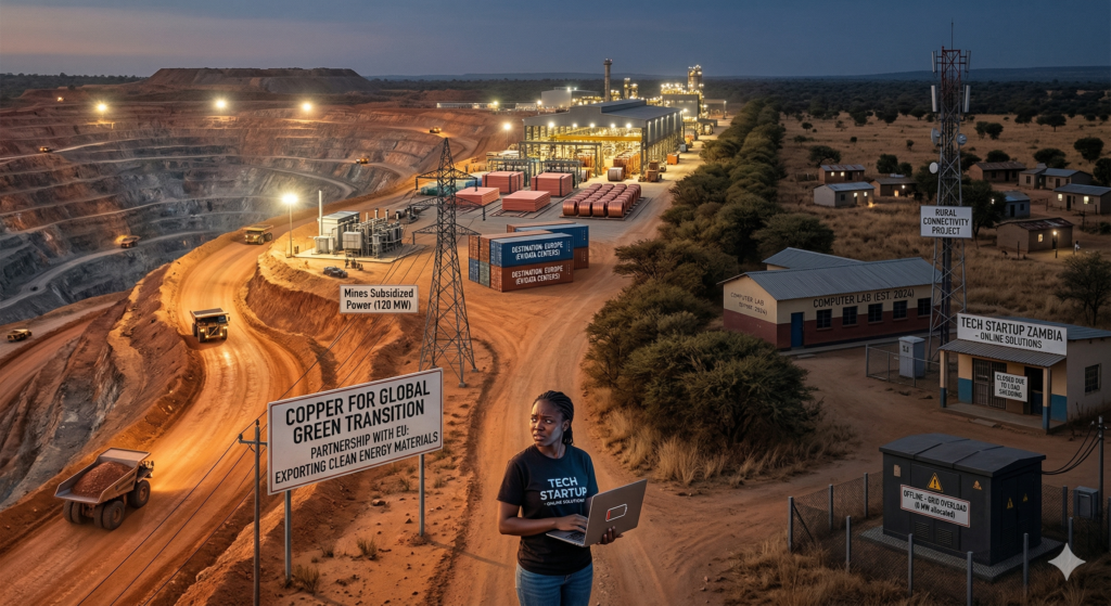 A split-screen style photograph. On the left, a copper processing mine is brightly lit and active, with trucks carrying ore and signs for 'Green Transition' exports. On the right, a dark Zambian village and a tech startup building sit in shadow with a dead battery icon, illustrating the energy gap between industrial mining and local digital infrastructure.