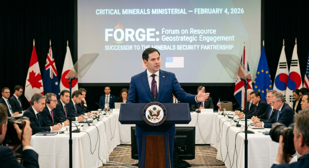 Secretary of State Rubio at the 2026 Critical Minerals Ministerial announcing the launch of FORGE, the Forum on Resource Geostrategic Engagement, as successor to the Minerals Security Partnership"