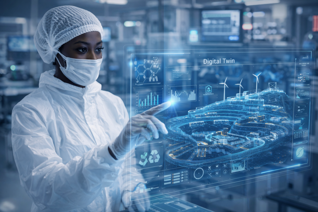 A high-resolution photo of a female engineer in a cleanroom suit working with a futuristic holographic interface that shows a 3D model of a sustainable cobalt mine, symbolizing the integration of African labor and high technology.
