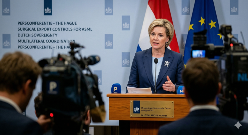 Dutch Foreign Trade Minister Reinette Klever speaks at a press conference in The Hague. Klever articulated the Netherlands' rejection of a US 'copy-paste' approach to export controls, insisting on a Dutch-led 'surgical' framework for ASML's export licensing.