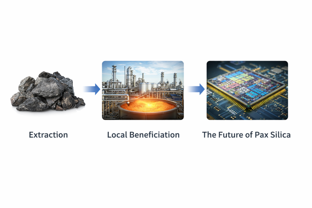A clean, three-part horizontal diagram showing the evolution of a mineral: first as raw dark ore labeled 'Extraction,' then as a glowing liquid in a modern refinery labeled 'Local Beneficiation,' and finally as a complex microchip labeled 'The Future of Pax Silica