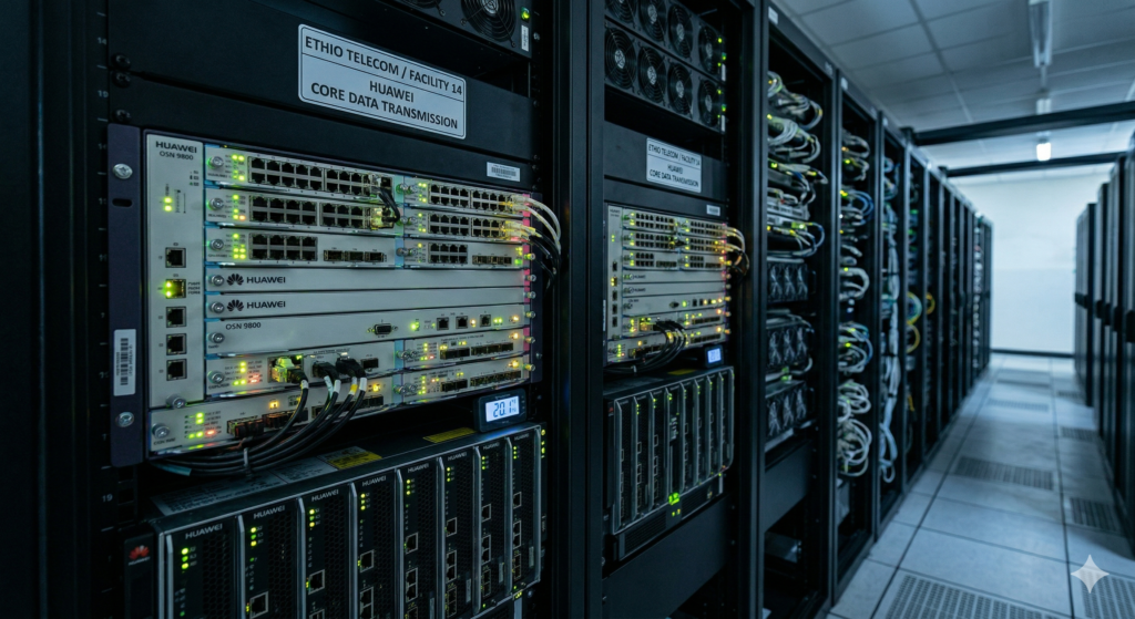 Interior of a professional data center with rows of server racks, representing the Chinese-built core switching and data transmission systems of Ethio Telecom.
