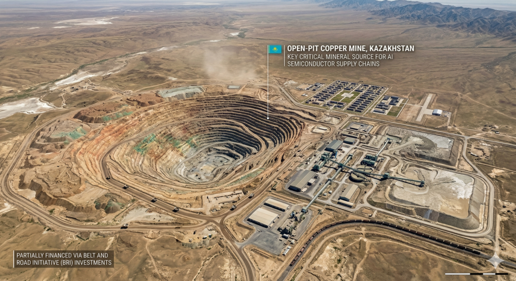 Aerial view of a BRI-financed open-pit copper mine in Kazakhstan, a key source of critical minerals for AI semiconductor supply chains.
