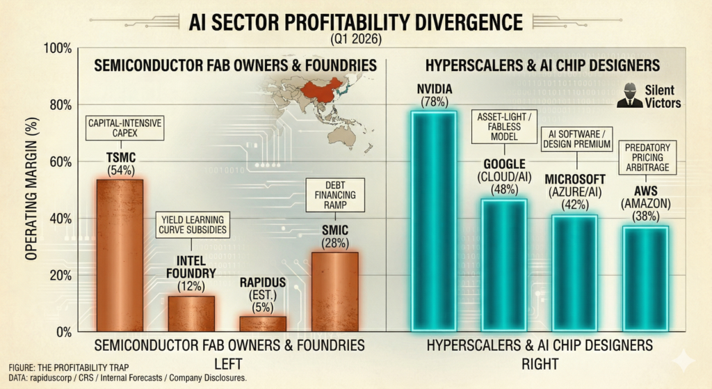 Financial chart comparing the high profit margins of AI software and design firms against the capital-intensive, lower-margin nature of semiconductor foundries.