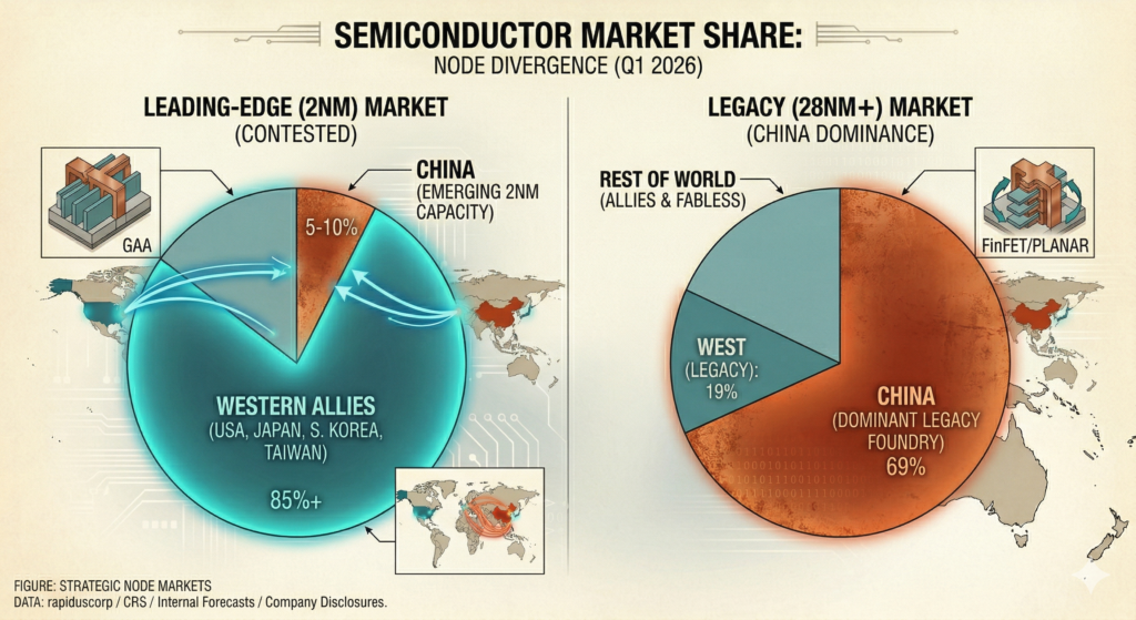 Comparison of global market share by node size: Western allies dominating leading-edge (2nm) vs. China’s increasing control of legacy (28nm) nodes.