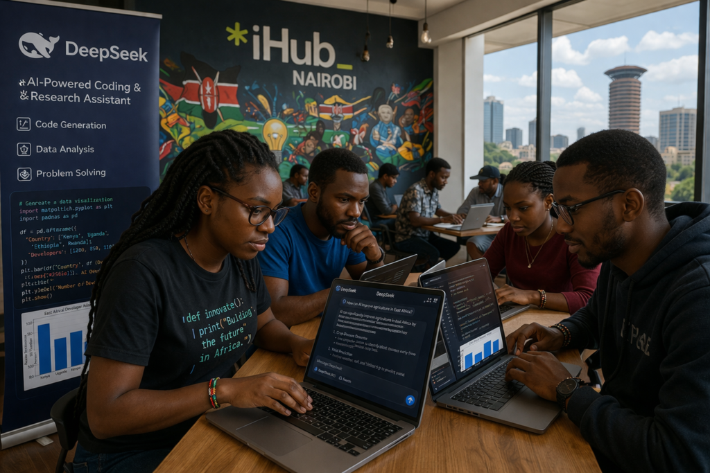 African software developers using AI tools at Nairobi startup hub — DeepSeek and Chinese LLM adoption in East Africa 2026. This illustrates China-US AI in Africa