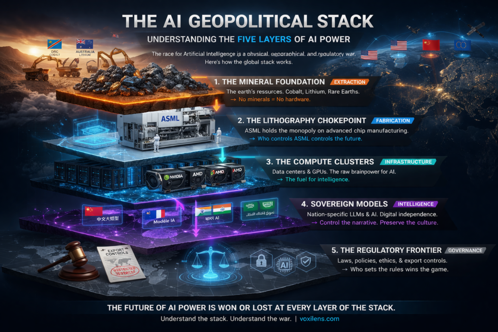 A layered visual of the AI geopolitical stack showing mineral extraction, chip fabrication, data centers, sovereign AI models, and global regulation shaping artificial intelligence power.