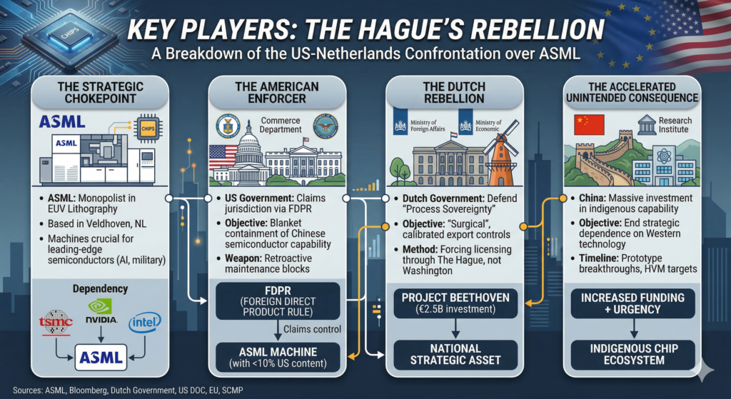 A detailed infographic providing a breakdown of the US-Netherlands confrontation over ASML. The graphic is divided into four main columns: The Strategic Chokepoint (ASML), The American Enforcer (US Department of Commerce), The Dutch Rebellion (Ministry of Foreign Affairs/Economic Affairs), and The Accelerated Unintended Consequence (China)