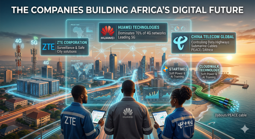 A digital-themed infographic titled "THE COMPANIES BUILDING AFRICA'S DIGITAL FUTURE." It shows three engineers—representing Huawei, ZTE, and China Telecom—overlooking a futuristic African city at sunset. Floating holographic panels highlight key 2026 data: Huawei's 70% 4G network dominance, ZTE's Safe City surveillance solutions, and China Telecom's control of data highways through submarine cables like PEACE and 2Africa. In the background, 4G and 5G towers connect to a large data center and a coastal cable landing station in Djibouti.