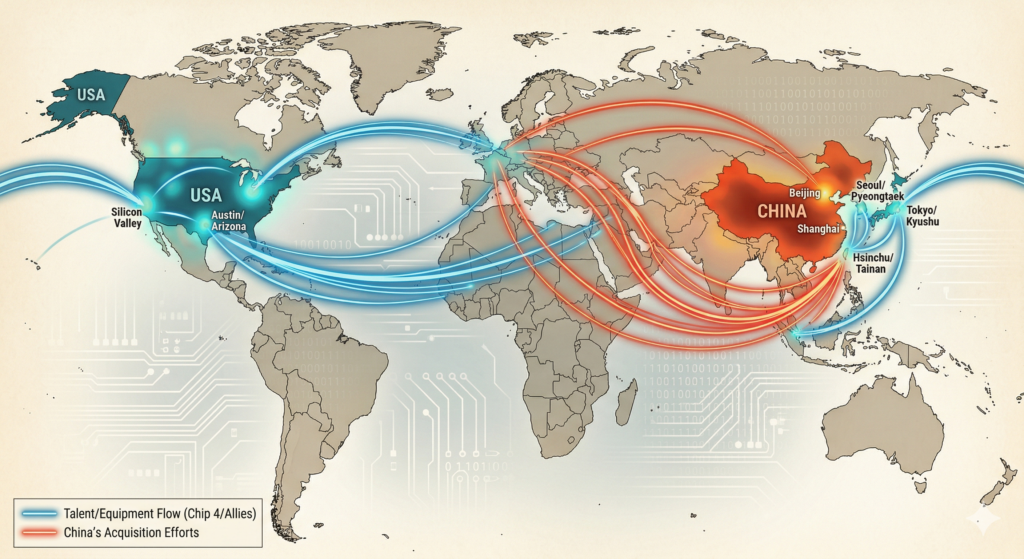 Global map highlighting the Chip 4 Alliance vs. China, showing the geographic concentration of 2nm and 28nm semiconductor fabrication hubs. (The Great Yield Wall)
