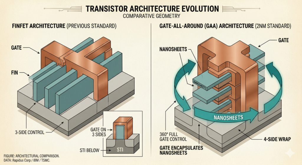 Diagram comparing FinFET and Gate-All-Around (GAA) transistor architectures, illustrating the 360-degree gate control required for 2nm process nodes.