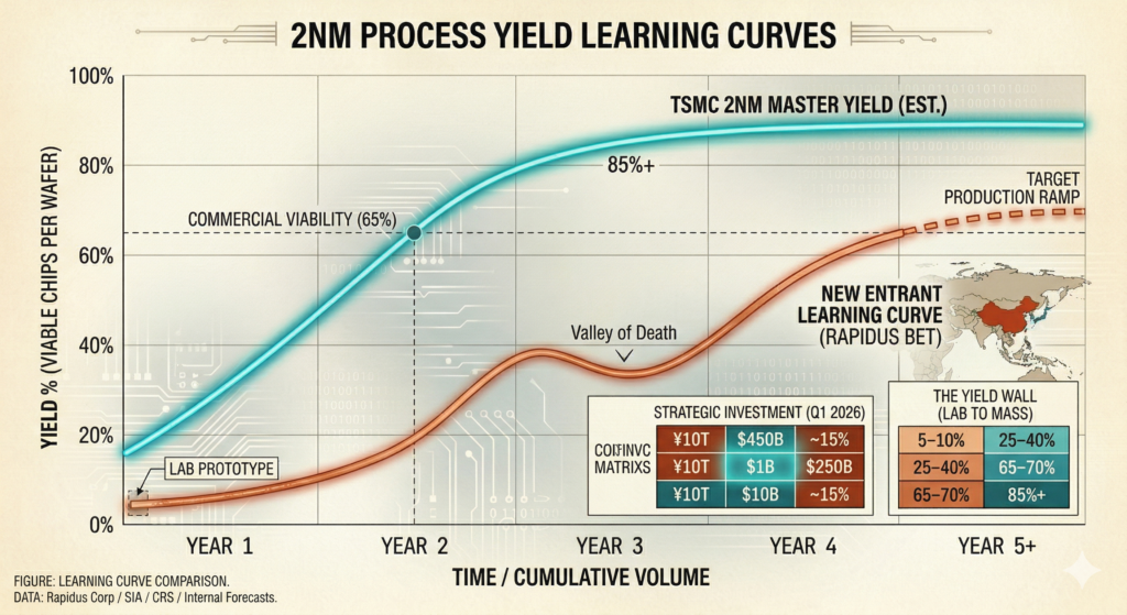 Semiconductor yield learning curve showing the multi-year progression from 5% lab yields to the 85% commercial viability threshold.