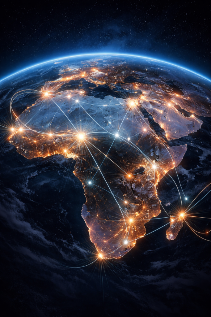 Map of Africa with digital glowing network nodes representing AI infrastructure and data connectivity