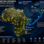 A map of the African continent with hotspots indicating 5G deployments in 30 countries and a blue line representing the PEACE subsea cable connecting East Africa to Pakistan and Europe.