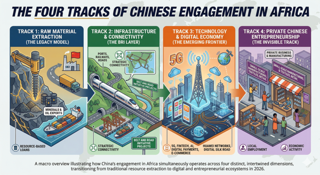 A conceptual diagram showing four overlapping tracks of Chinese engagement: a mining drill for raw materials, a railway for BRI infrastructure, a 5G tower for the digital economy, and a storefront for private entrepreneurship.