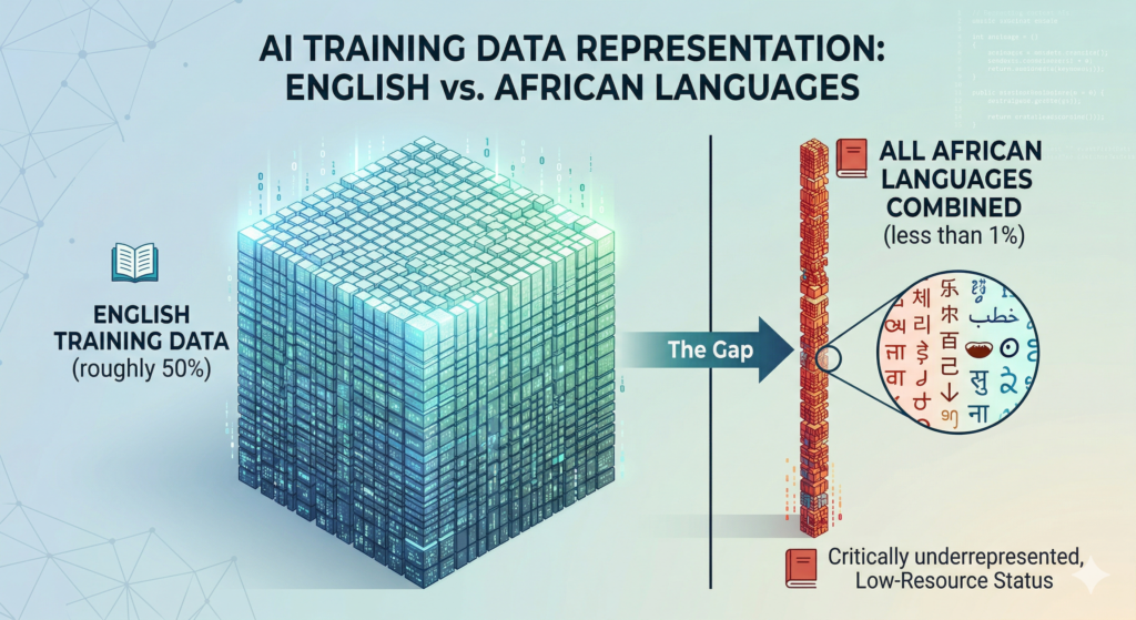Infographic comparing the vast amount of English training data (roughly 50%) to the critically underrepresented data for all African languages combined.