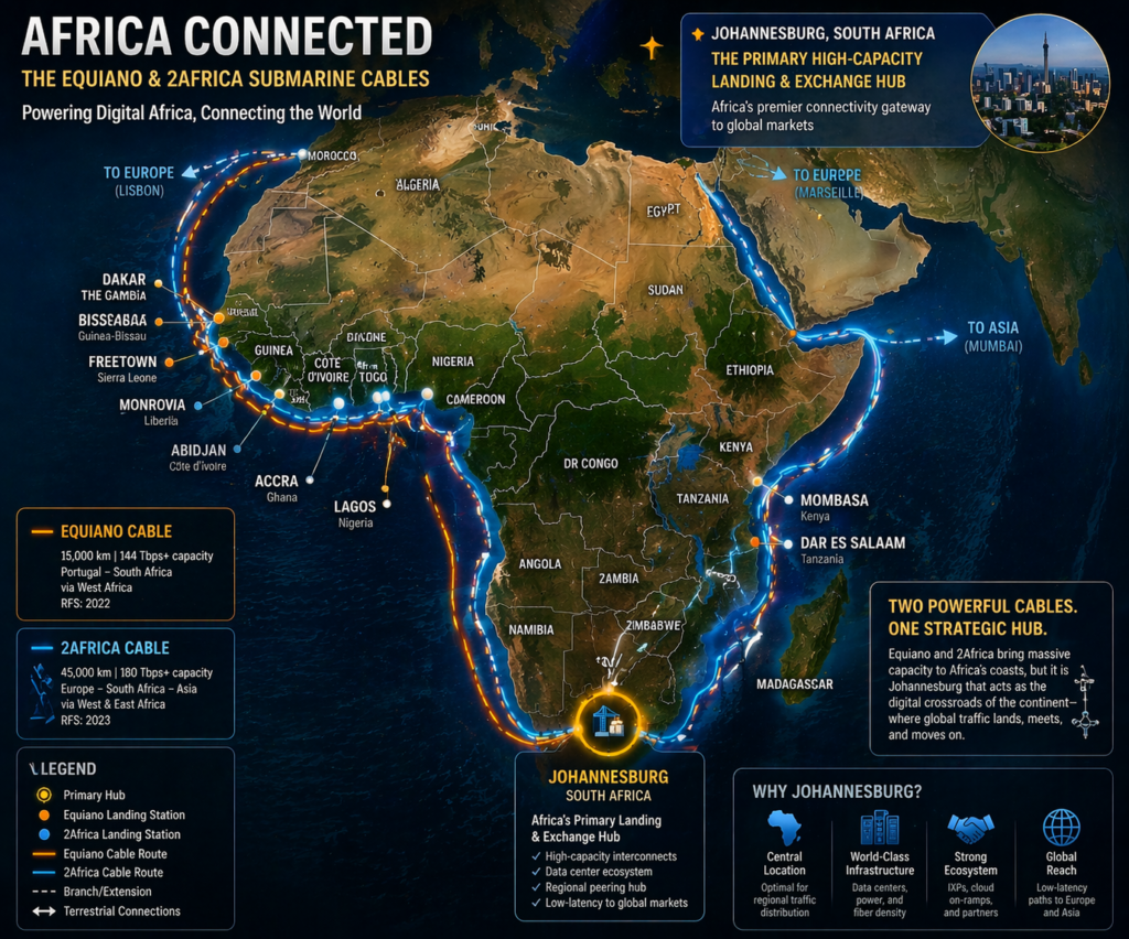 A map of the African continent showing the routes of the Equiano and 2Africa submarine cables, highlighting Johannesburg, South Africa as the primary high-capacity landing and exchange hub.