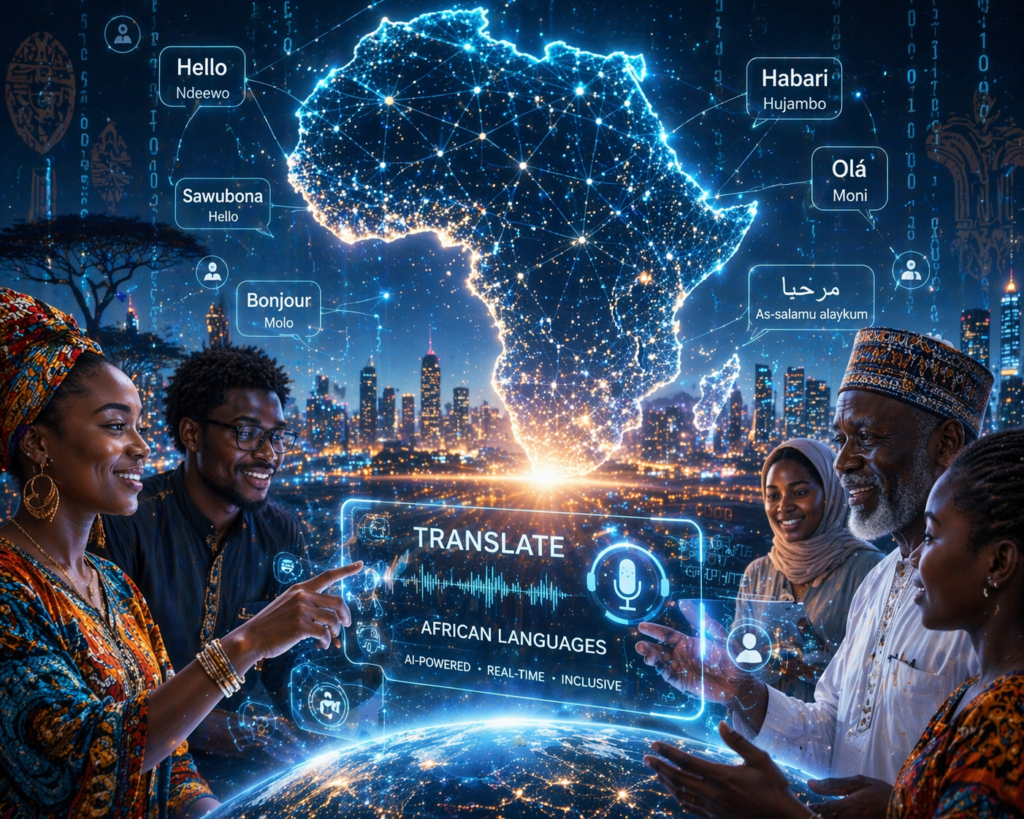 Stylized illustration showing African connectivity and digital inclusion through advanced language technology and AI.