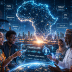 Stylized illustration showing African connectivity and digital inclusion through advanced language technology and AI.