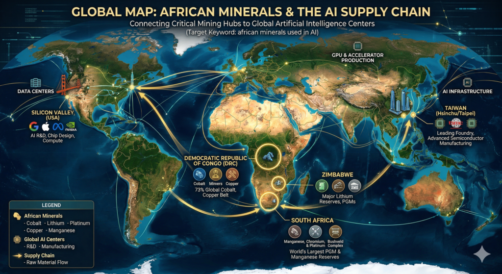 Map showing the global supply chain of African minerals used in AI, connecting DRC cobalt and South African platinum to global semiconductor manufacturing hubs.
