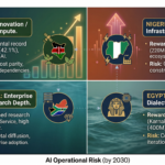A 2x2 Risk-Reward Matrix for Africa's Race to AI Leadership in 2030, showing Kenya and Nigeria as high-growth leaders, while South Africa and Egypt provide stability.