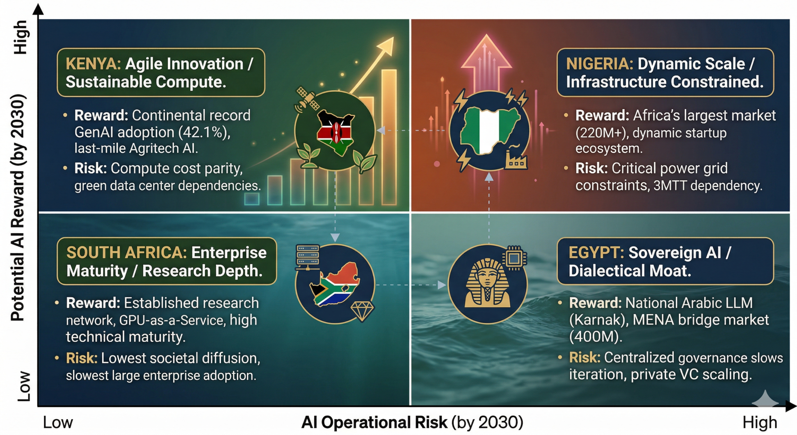 A 2x2 Risk-Reward Matrix for Africa's Race to AI Leadership in 2030, showing Kenya and Nigeria as high-growth leaders, while South Africa and Egypt provide stability.