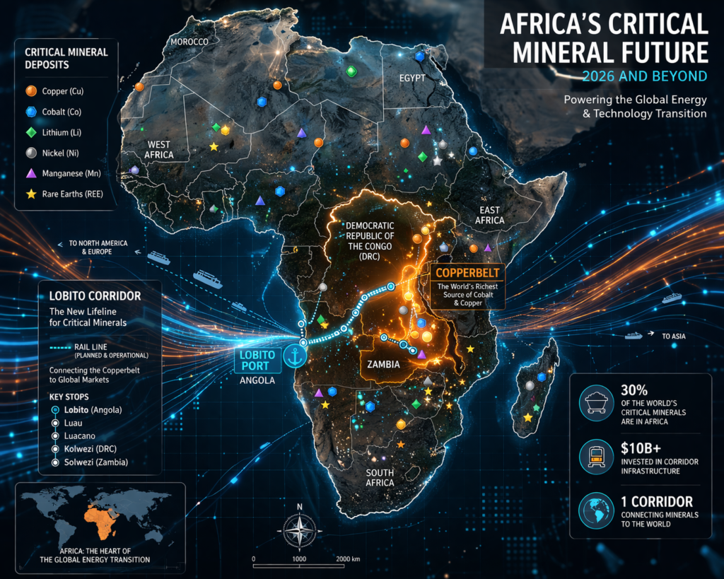 Map of Africa critical mineral deposits 2026 showing the Zambia-DRC Copperbelt and Lobito Corridor infrastructure.