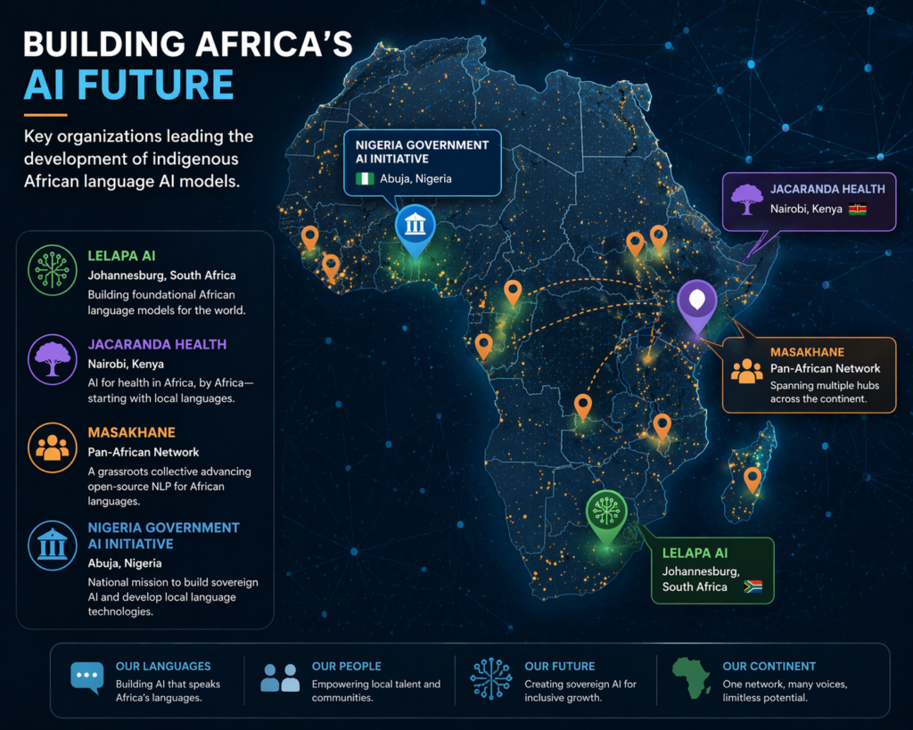 Alt Text: "Map of Africa highlighting key locations of organizations leading the development of indigenous African language AI models."