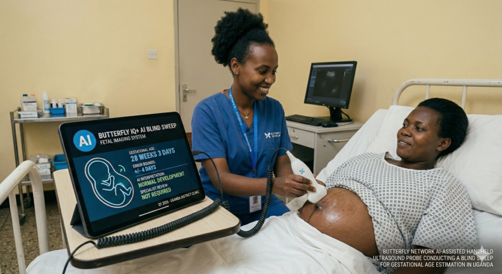 Butterfly Network AI-assisted handheld ultrasound probe conducting a blind sweep for gestational age estimation in Uganda.