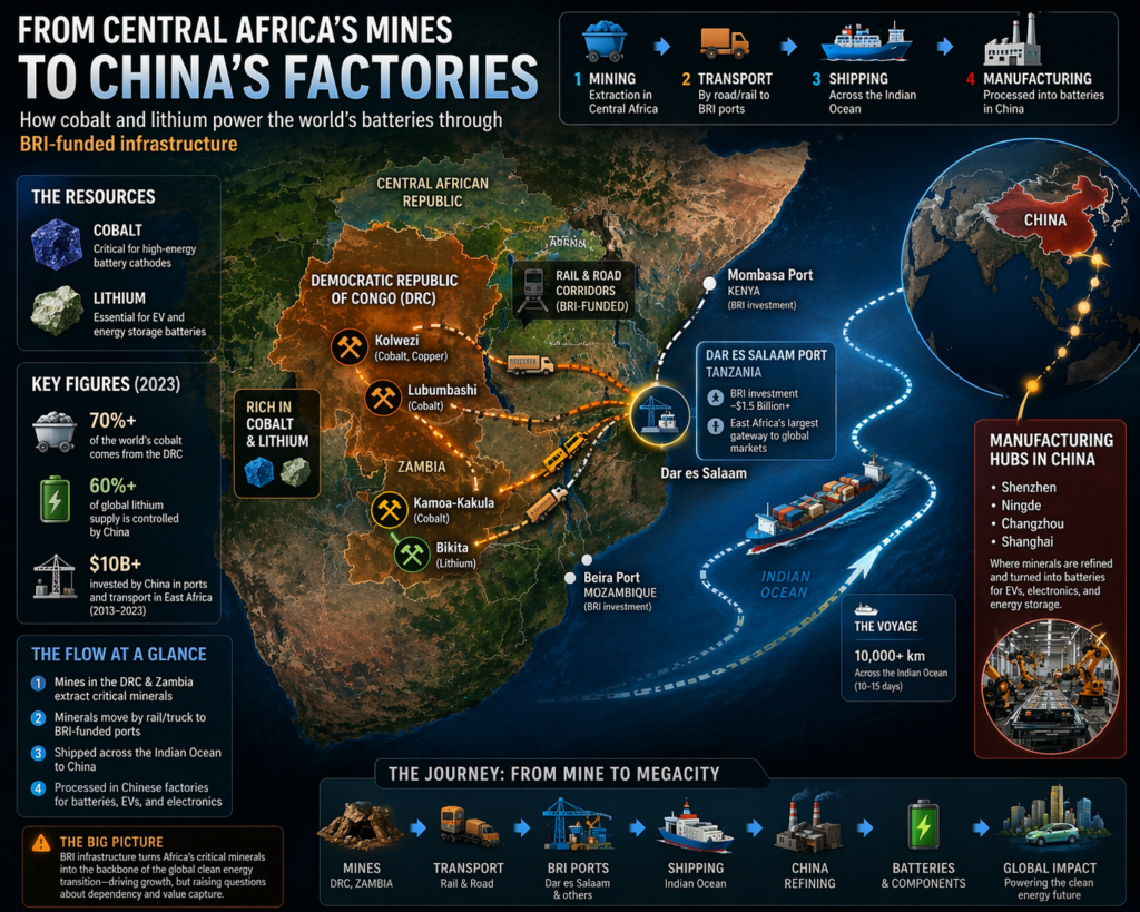An infographic mapping the flow of cobalt and lithium from Central African mines through BRI-funded ports like Dar es Salaam, ending at manufacturing hubs in China.