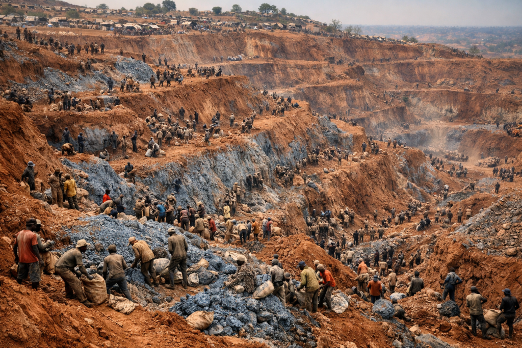 Artisanal cobalt miners working on the terraced slopes of an open-pit mine in Kolwezi, Democratic Republic of Congo — the source of roughly 70% of the world's cobalt supply.