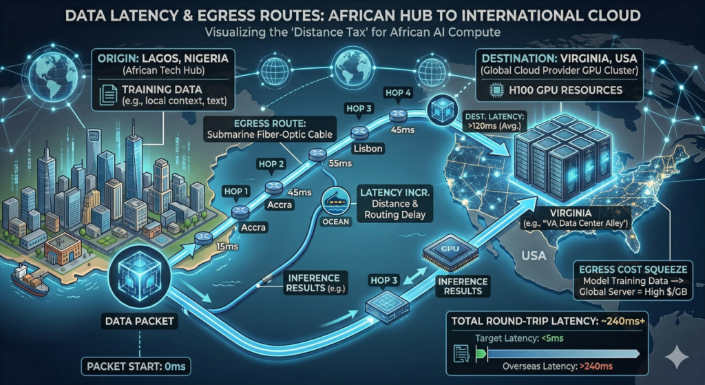 Infographic showing data latency and egress routes from African tech hubs to international cloud providers.