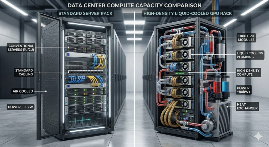 Comparison between traditional data center server racks and high-density liquid-cooled GPU clusters required for AI compute.