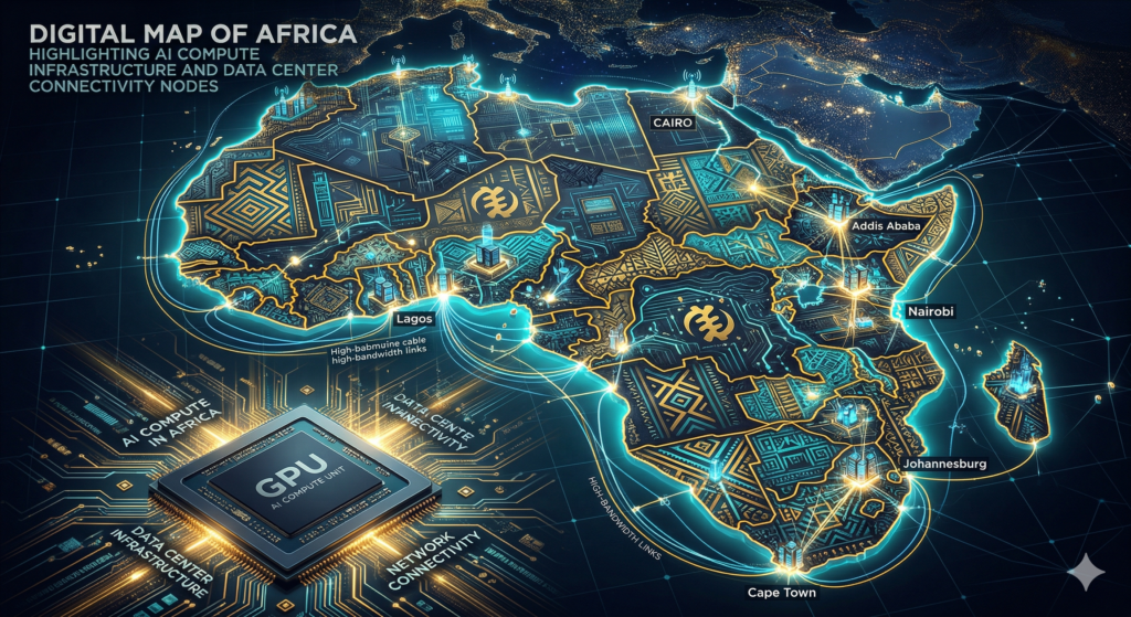 Digital map of Africa highlighting AI compute infrastructure and data center connectivity nodes