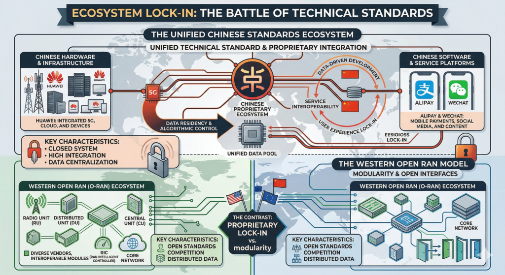 A diagram illustrating 'Ecosystem Lock-in,' showing how Chinese hardware (Huawei) and software (Alipay/WeChat) create a unified technical standard that contrasts with Western Open RAN models.