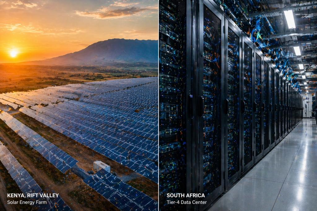 Comparative view of Kenya’s geothermal solar farms and a Tier-4 data center in South Africa, illustrating green energy solutions for African AI infrastructure.