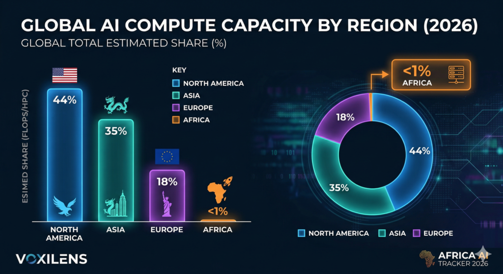 Infographic showing global AI compute capacity by region in 2026, highlighting Africa’s current 1% share and the infrastructure gap.