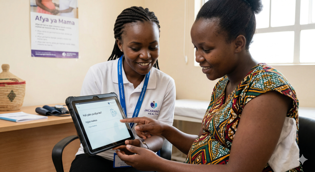 Maternal health worker in Nairobi uses a specialized AI-powered tablet interface to deliver healthcare guidance in Swahili to an expectant mother.