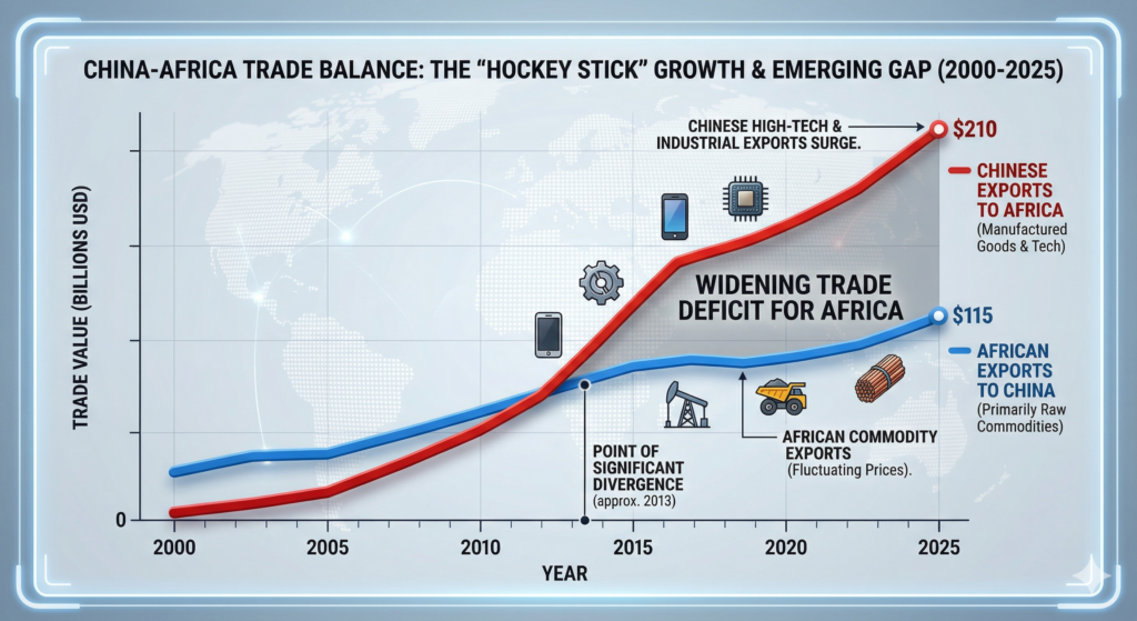A line chart showing the 'hockey stick' growth of China-Africa trade from 2000 to 2025, highlighting the widening gap between African exports (primarily raw commodities) and Chinese imports (manufactured goods and tech).