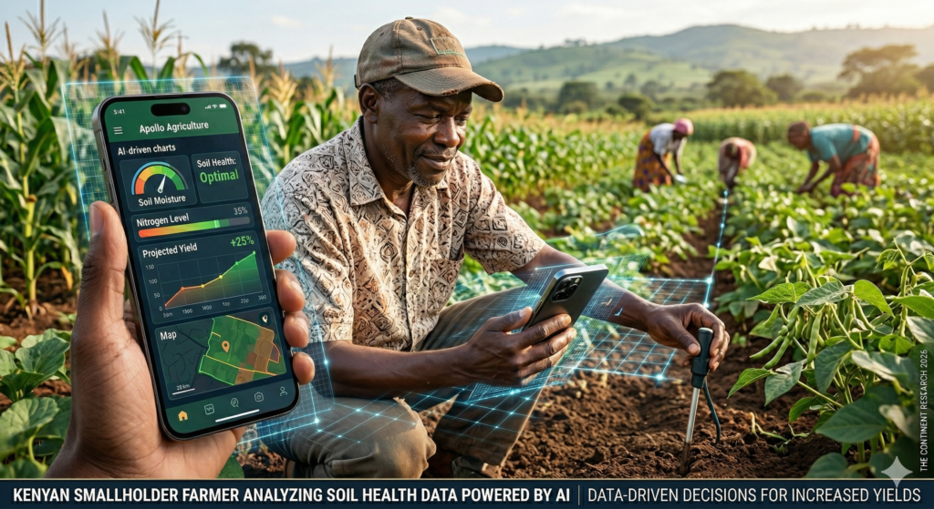 A Kenyan smallholder farmer using a smartphone app powered by AI to analyze soil health and crop yields.