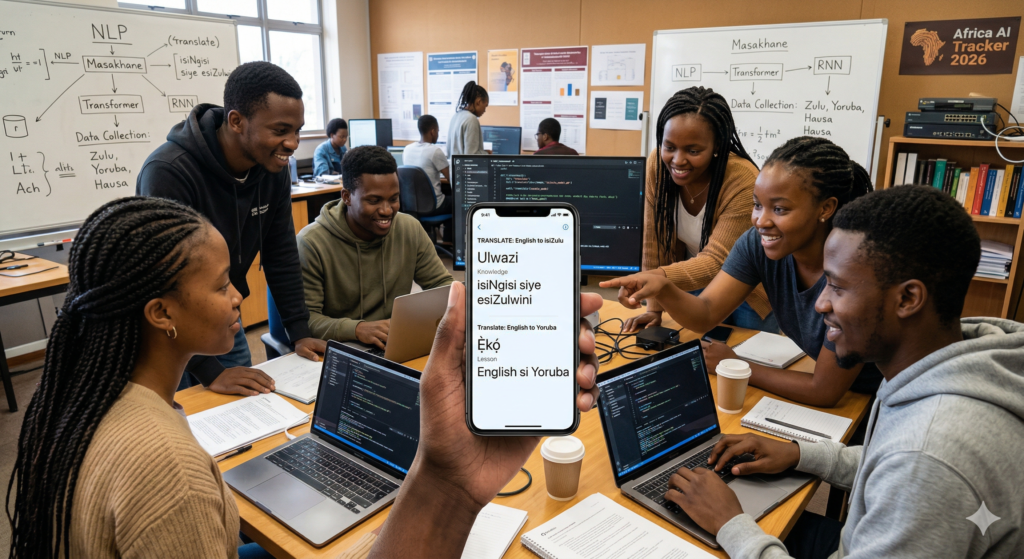 African AI researchers developing the Masakhane NLP project, featuring a smartphone interface with Zulu and Yoruba language machine translation.