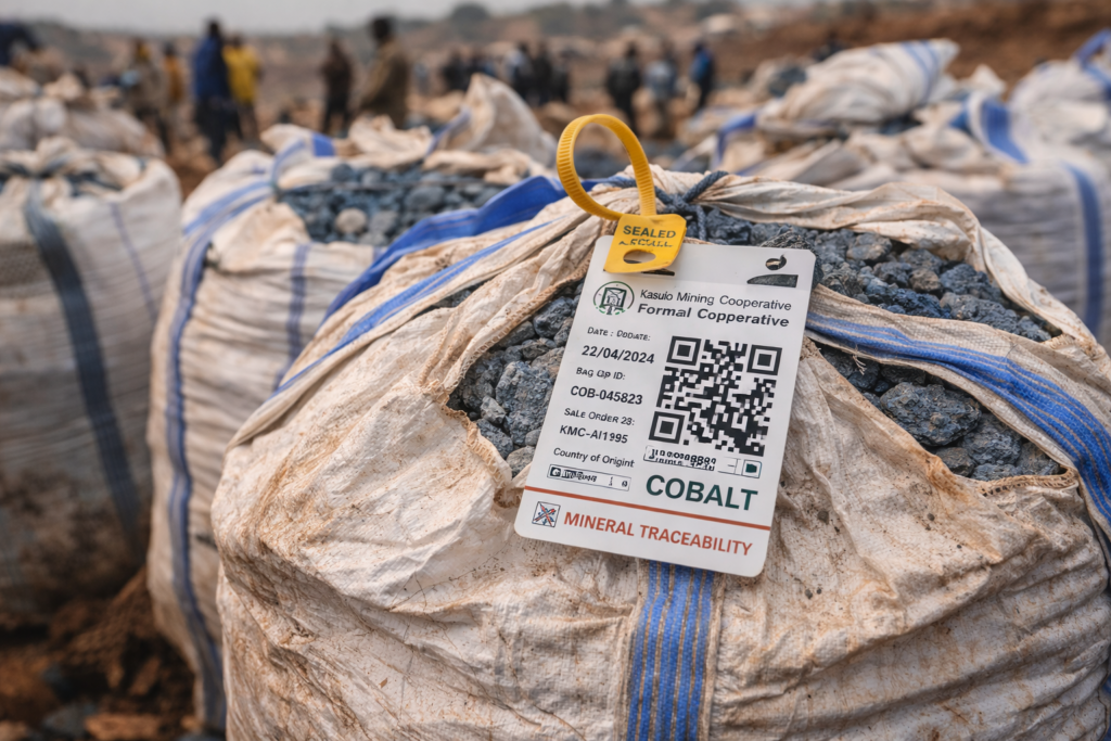 A mineral traceability tag on a cobalt shipment in the DRC, illustrating efforts to monitor the AI supply chain for ethical sourcing