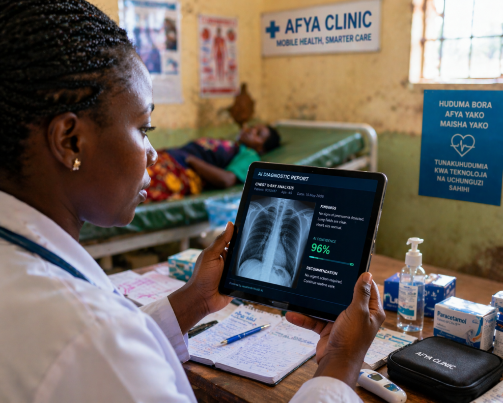A healthcare worker in a rural Kenyan clinic using an AI-powered diagnostic tool on a tablet to analyze patient X-rays in real-time.