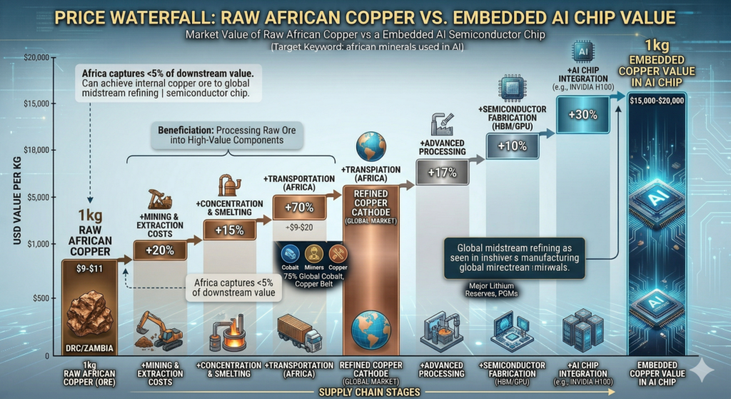 Economic chart comparing the market value of raw African mineral exports versus the high-value processed components used in AI hardware.