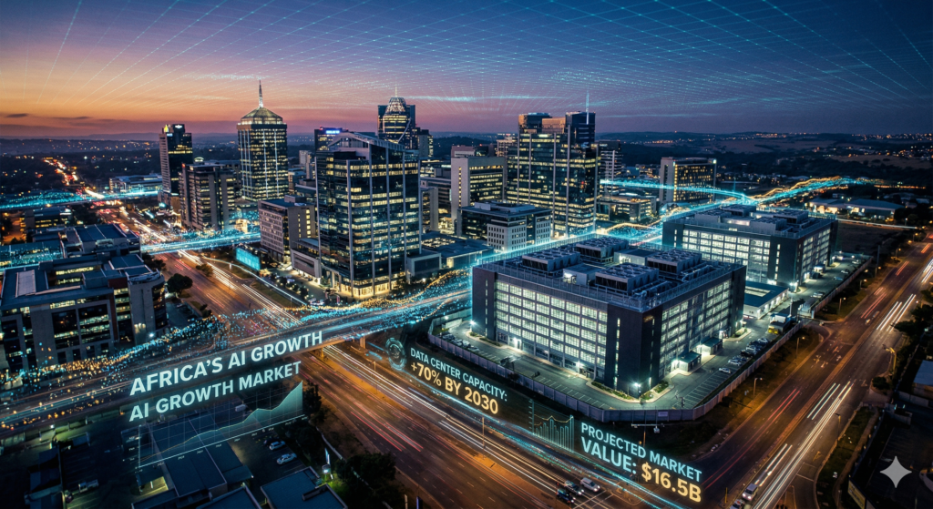 Cinematic shot of a modern African tech hub, incorporating the Sandton data center. It features a sophisticated holographic digital grid and pulsing data streams, overlaid with key market projections