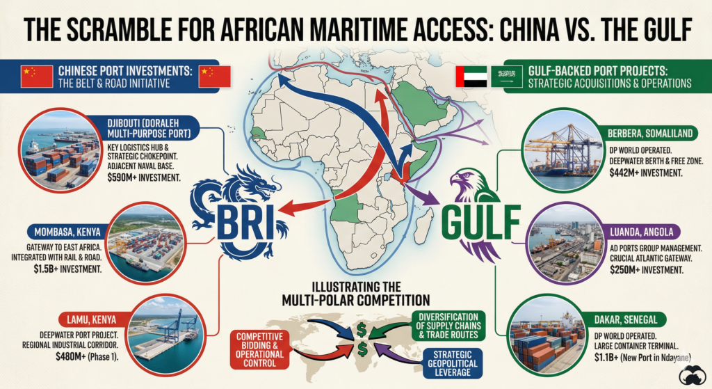 A comparative graphic showing Chinese port investments (e.g., Djibouti) alongside Gulf-backed port projects (e.g., DP World in Berbera and Luanda), illustrating the multi-polar competition for maritime access.