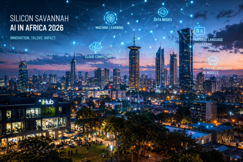 A futuristic digital overlay of AI data nodes across a panoramic view of Nairobi's Silicon Savannah, representing the growth of artificial intelligence in Africa 2026.