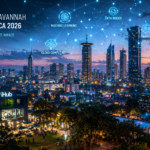 A futuristic digital overlay of AI data nodes across a panoramic view of Nairobi's Silicon Savannah, representing the growth of artificial intelligence in Africa 2026.